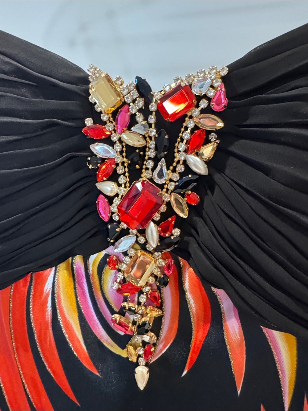 Black Spaghetti-Strap Maxi Dress with Pink & Gold Swirl Print - Picture 2 of 7